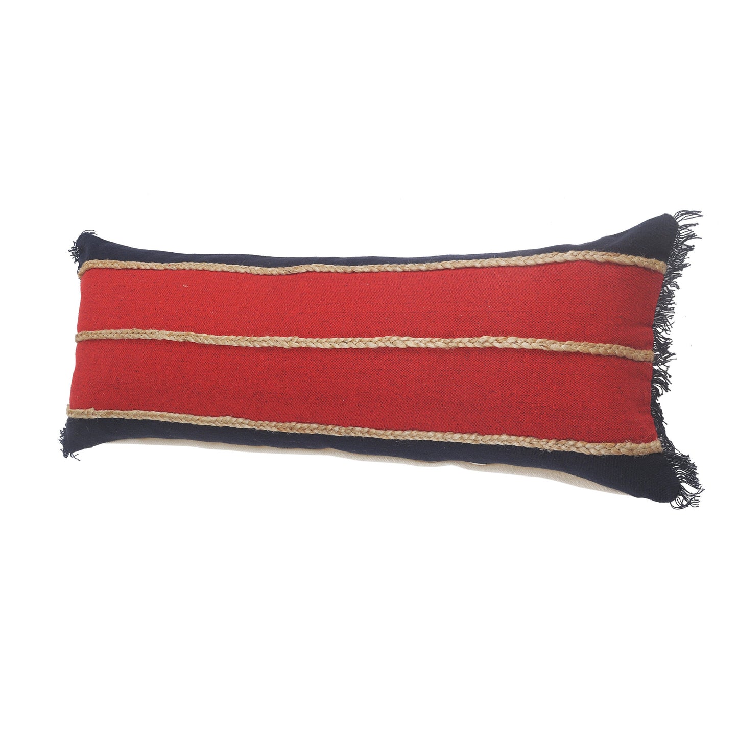 14" X 36" Red Navy And Tan 100% Cotton Striped Zippered Pillow