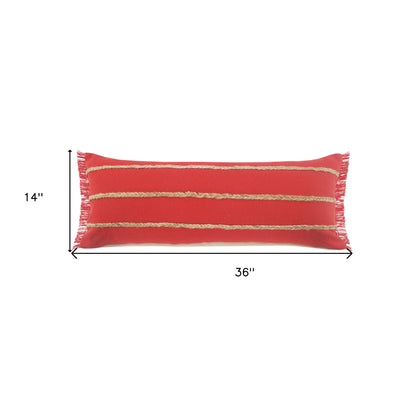 14" X 36" Red And Tan 100% Cotton Zippered Pillow