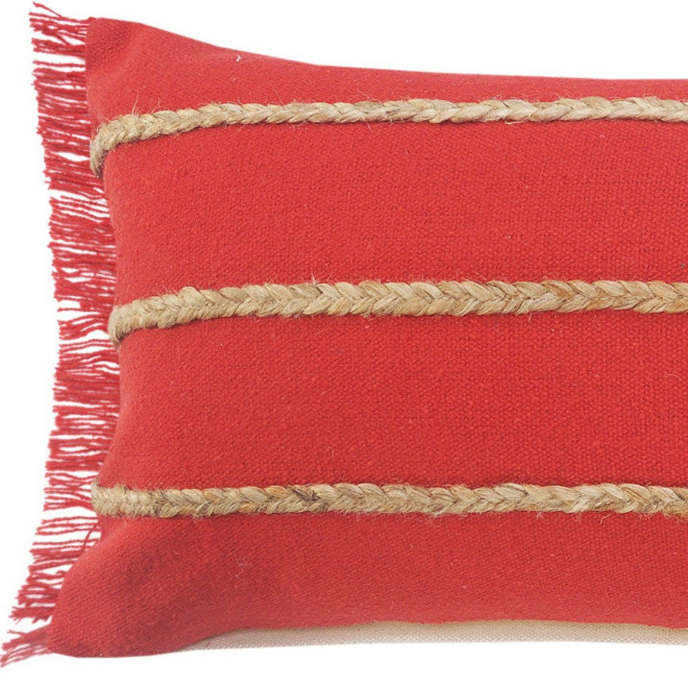 14" X 36" Red And Tan 100% Cotton Zippered Pillow