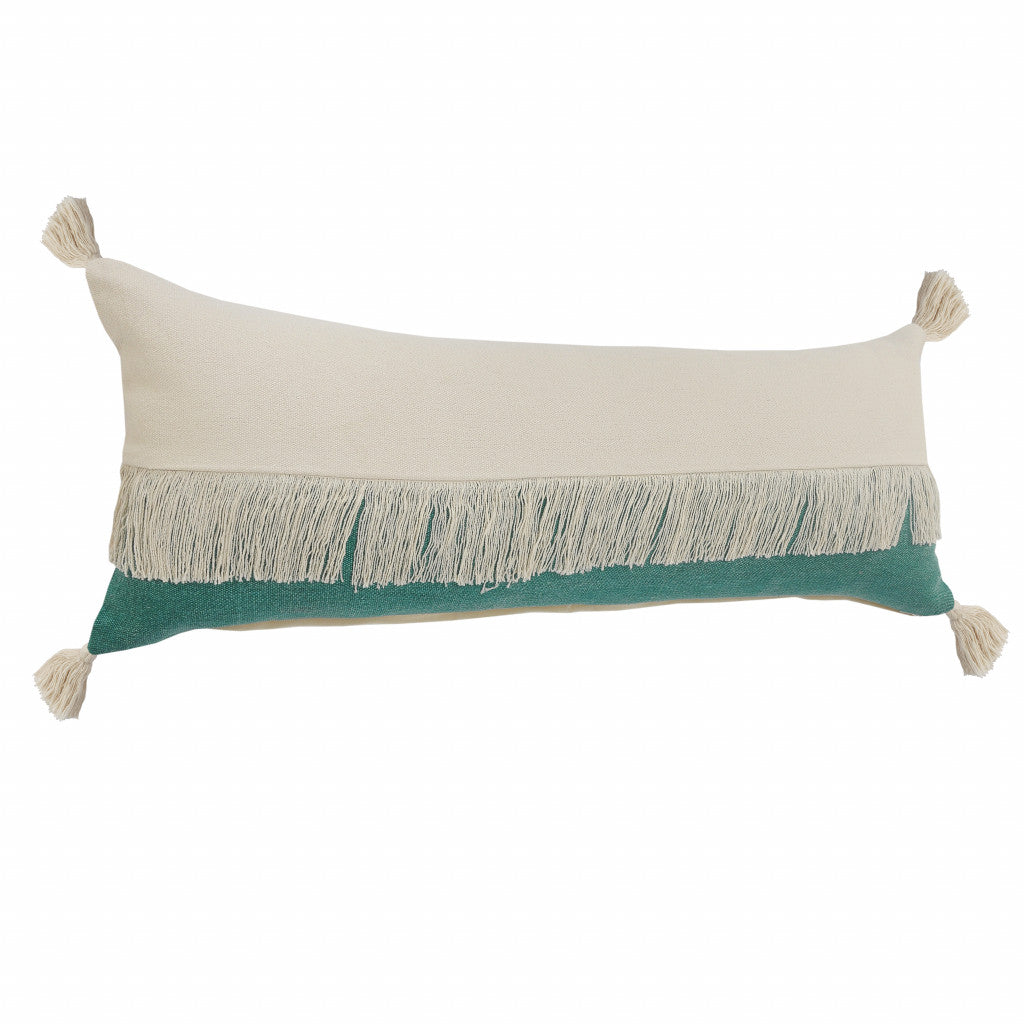 14" X 36" Emerald Green And Off-White 100% Cotton Zippered Pillow