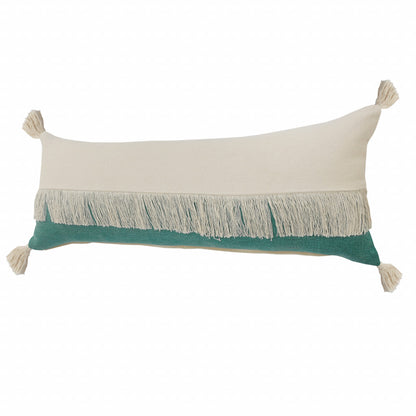 14" X 36" Emerald Green And Off-White 100% Cotton Zippered Pillow