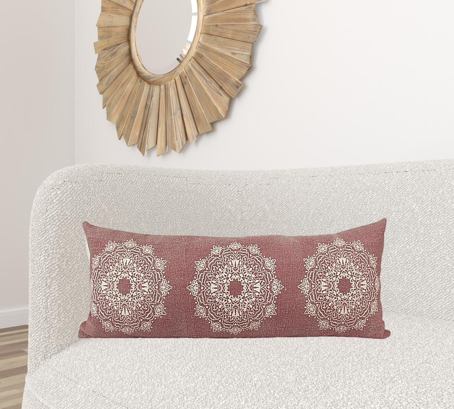 14" X 36" Dusty Rose And White 100% Cotton Geometric Zippered Pillow