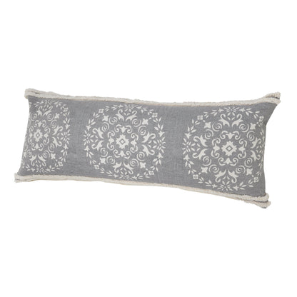 14" X 36" Gray And White 100% Cotton Geometric Zippered Pillow