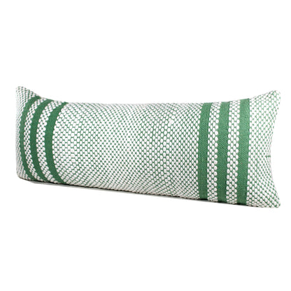 14" X 36" Green And White 100% Cotton Geometric Zippered Pillow