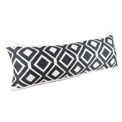 14" X 36" Deep Navy And White 100% Cotton Geometric Zippered Pillow