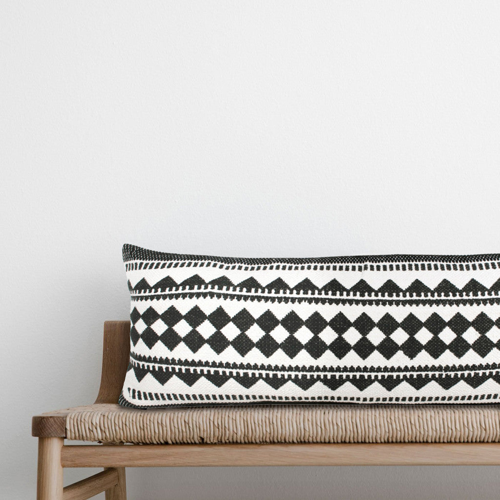 14" X 36" Black And White 100% Cotton Geometric Zippered Pillow