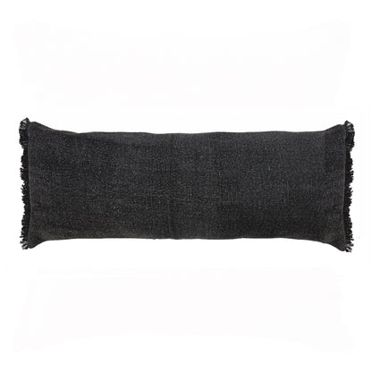 14" X 36" Black Stonewashed Cotton Throw Pillow With Fringe