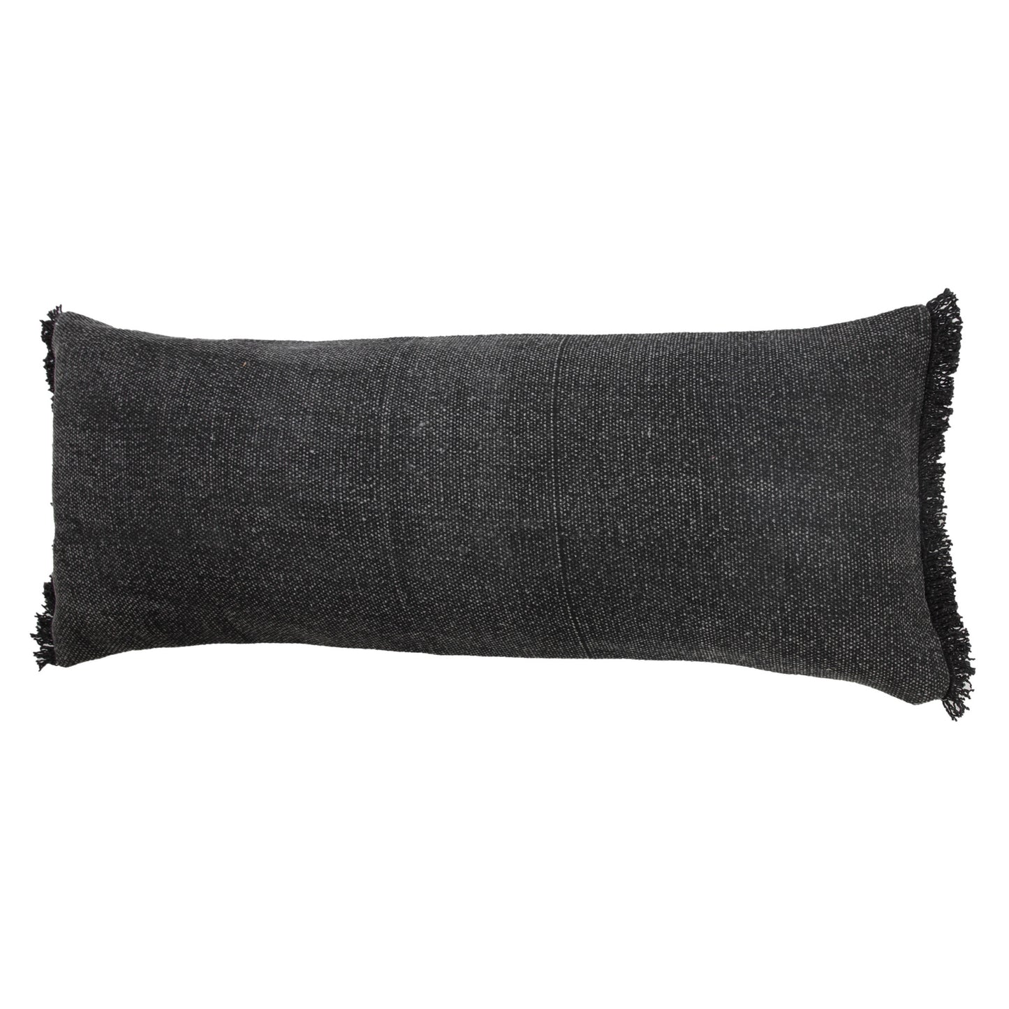 14" X 36" Black Stonewashed Cotton Throw Pillow With Fringe