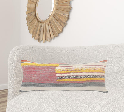 14" X 36" Orange Pink Black And Off-White 100% Cotton Striped Zippered Pillow