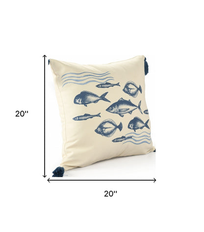 20" Blue and Beige Fish Throw Pillow