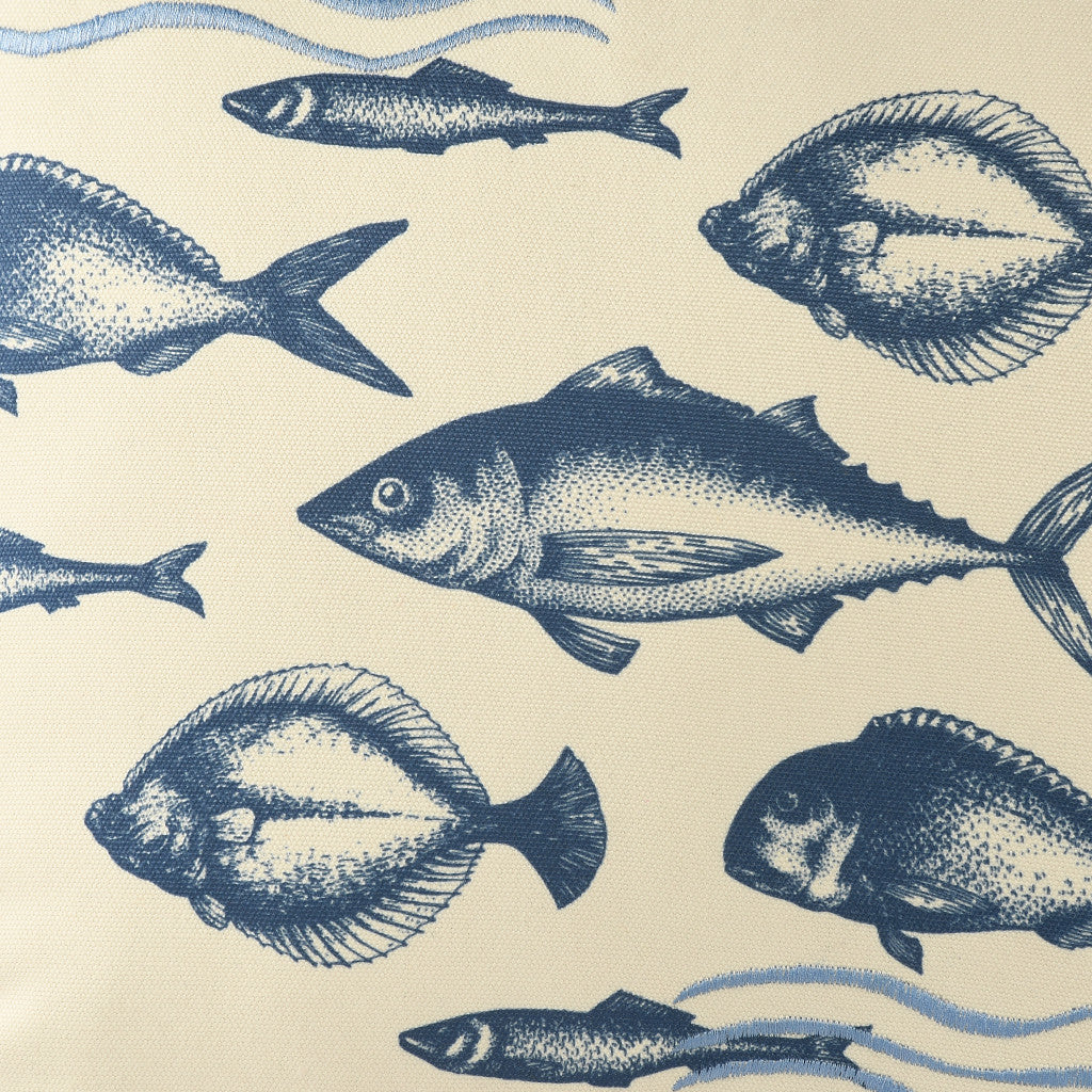 20" Blue and Beige Fish Throw Pillow