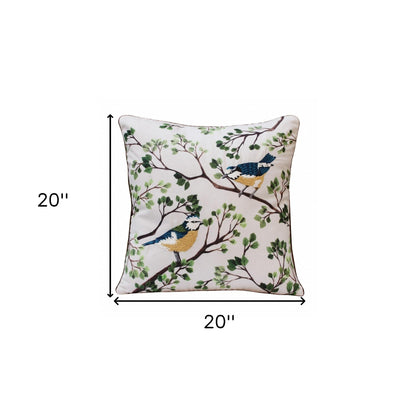 20" X 20" Green Blue And Off-White Bird Polyester Animal Print Zippered Pillow