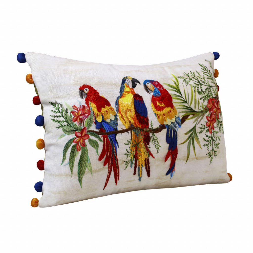 14" X 20" Red Blue Orange And Ivory Bird Polyester Animal Print Zippered Pillow