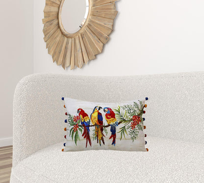 14" X 20" Red Blue Orange And Ivory Bird Polyester Animal Print Zippered Pillow