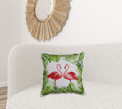 20" X 20" Coral Pink And Green Bird Polyester Animal Print Zippered Pillow