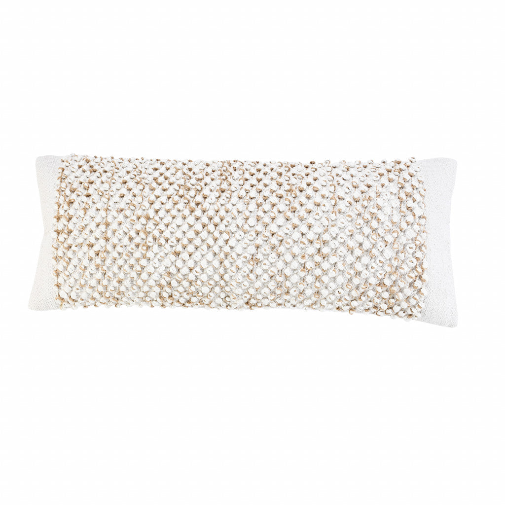 14" X 36" White And Tan 100% Cotton Abstract Zippered Pillow