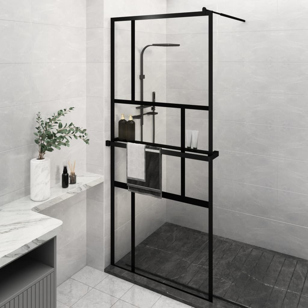 Walk-in Shower Wall with Shelf Black 39.4"x76.8" ESG Glass&Aluminum