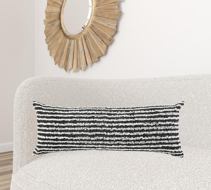 14" X 36" Black And Cream 100% Cotton Striped Zippered Pillow