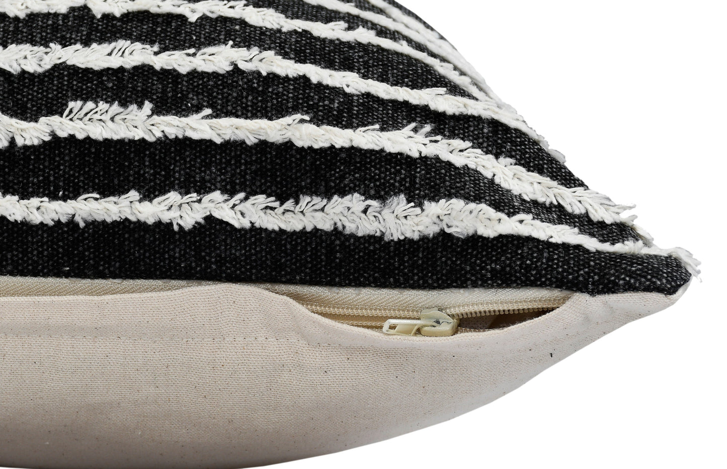 14" X 36" Black And Cream 100% Cotton Striped Zippered Pillow