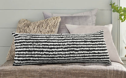 14" X 36" Black And Cream 100% Cotton Striped Zippered Pillow