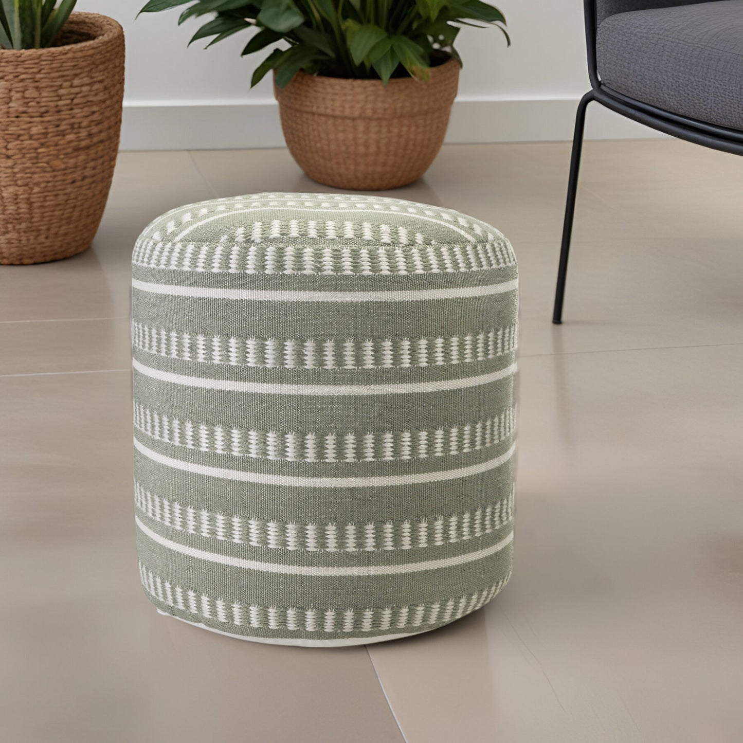 20" Brown Polyester Round Striped Indoor Outdoor Pouf Ottoman