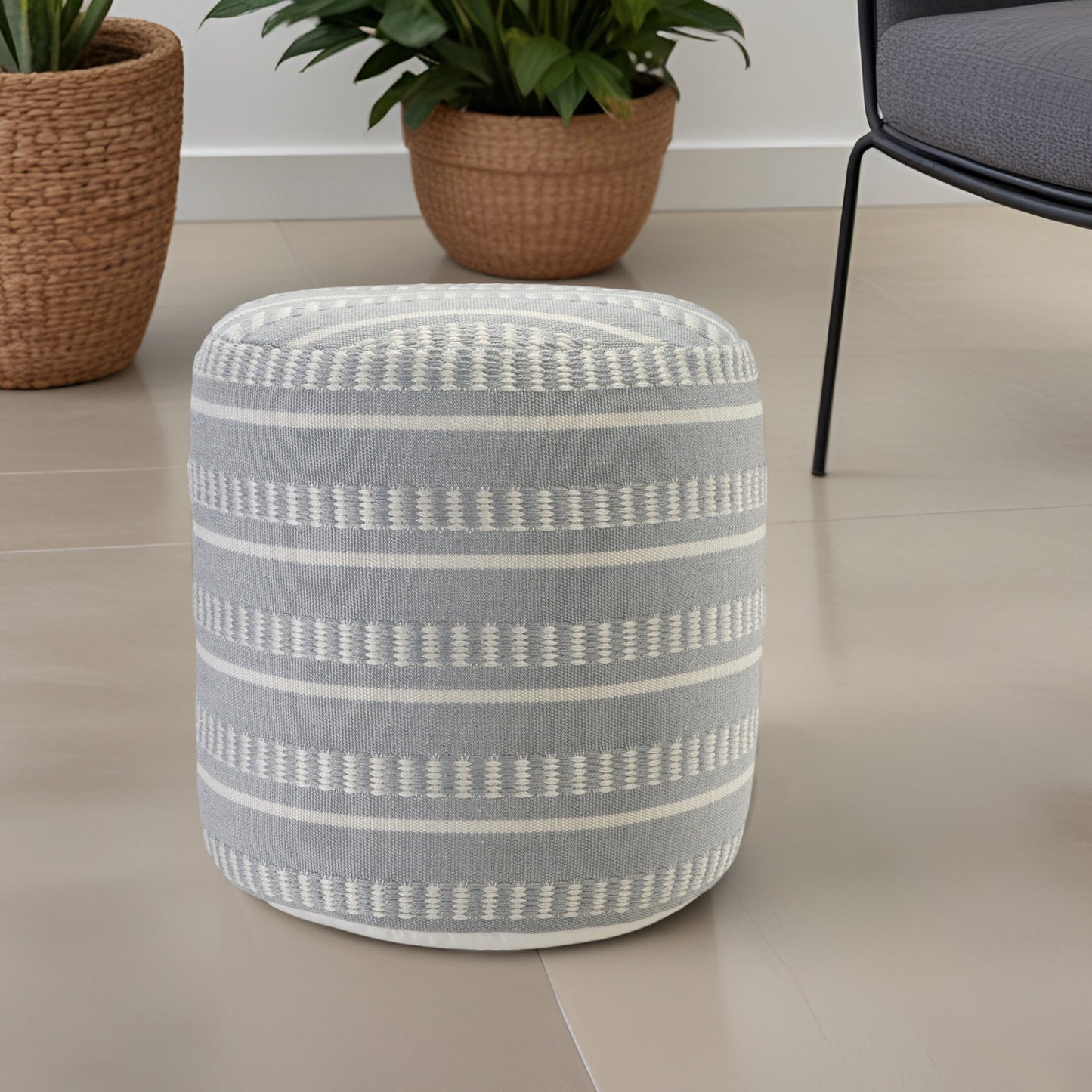 20" Brown Polyester Round Striped Indoor Outdoor Pouf Ottoman