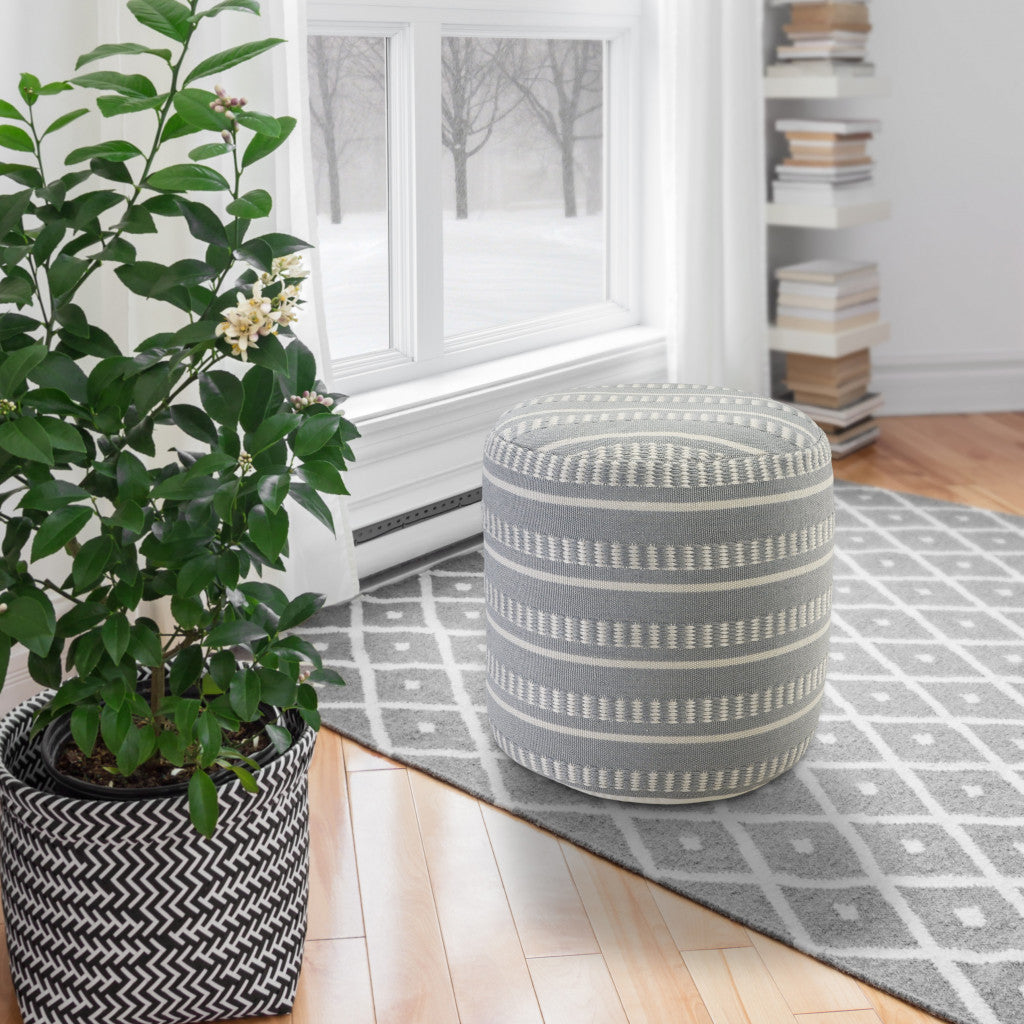 20" Brown Polyester Round Striped Indoor Outdoor Pouf Ottoman