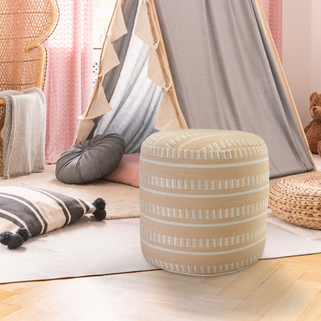 20" Brown Polyester Round Striped Indoor Outdoor Pouf Ottoman