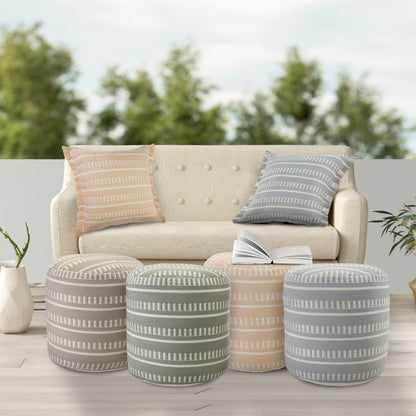 20" Brown Polyester Round Striped Indoor Outdoor Pouf Ottoman