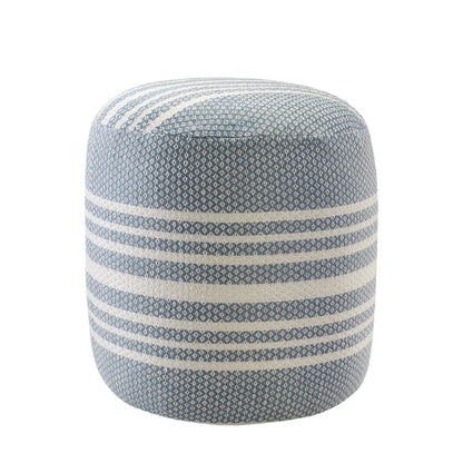 20" Blue Polyester Round Striped Indoor Outdoor Pouf Ottoman