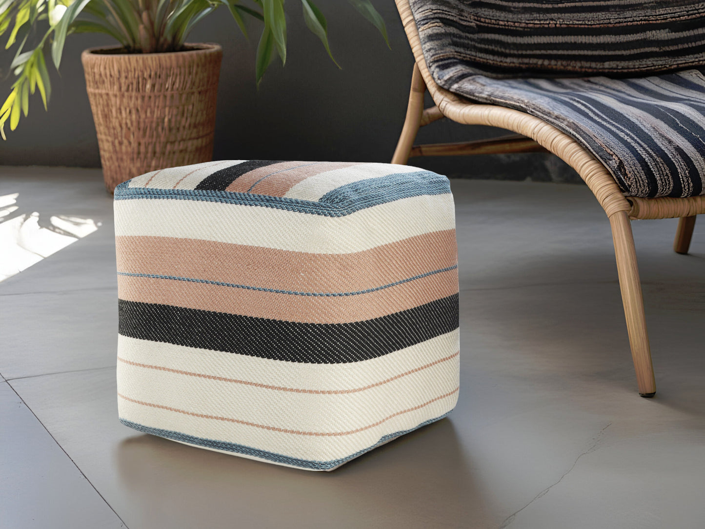 20" White Polyester Striped Indoor Outdoor Pouf Ottoman