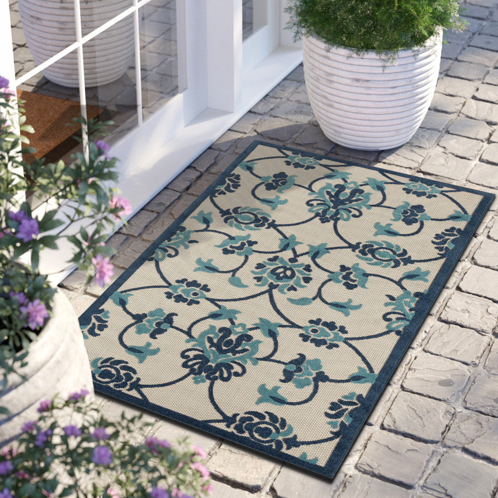 2' X 3' Blue Floral Non Skid Indoor Outdoor Area Rug