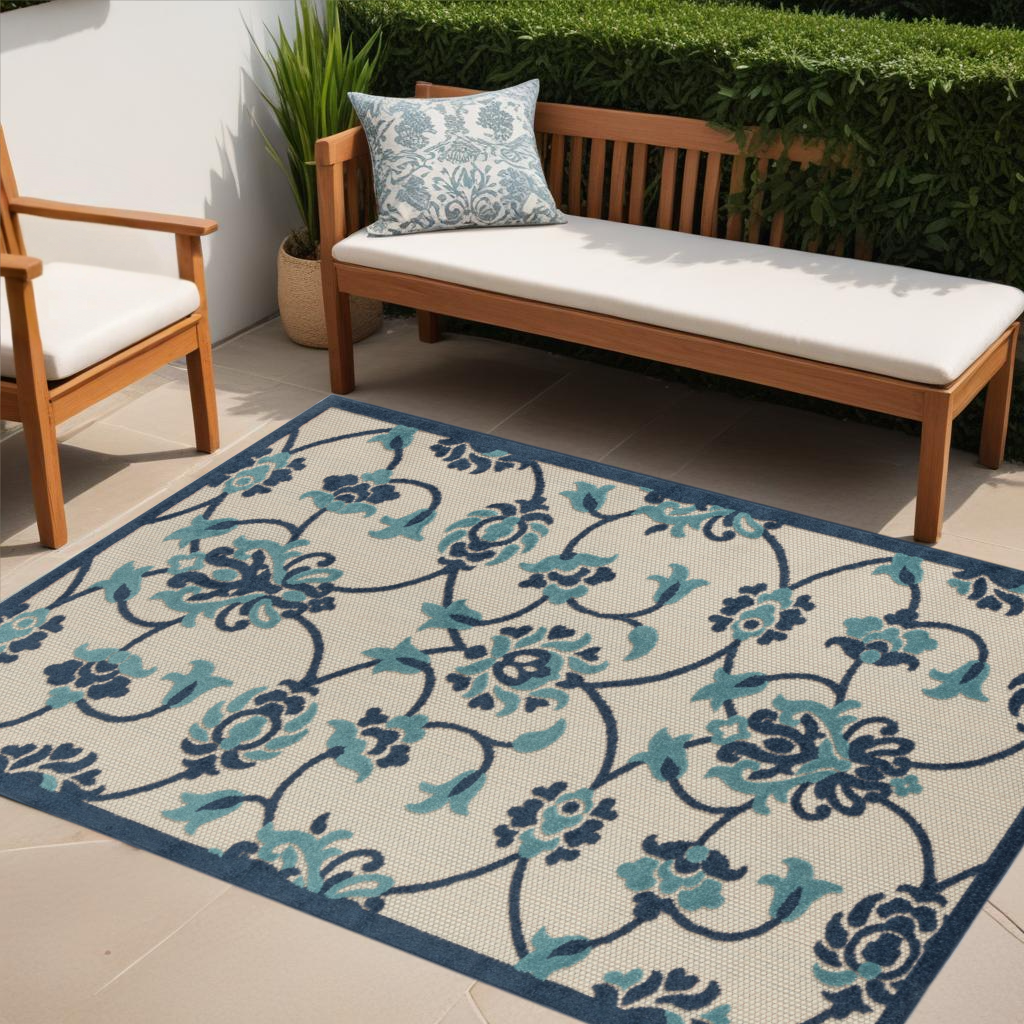 8' X 10' Blue Floral Non Skid Indoor Outdoor Area Rug