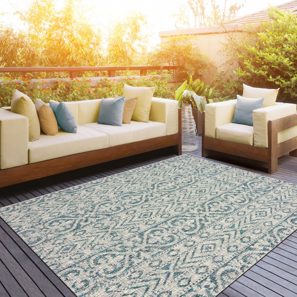 2' X 3' Blue Damask Indoor Outdoor Area Rug