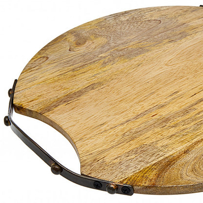 13" Natural Brown Round Wood and Metal Tray