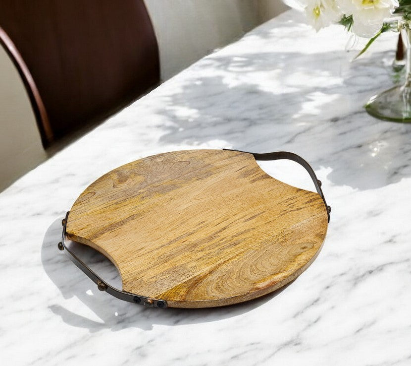 13" Natural Brown Round Wood and Metal Tray