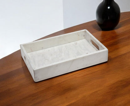 16" White Rectangular Marble Serving Tray With Handles