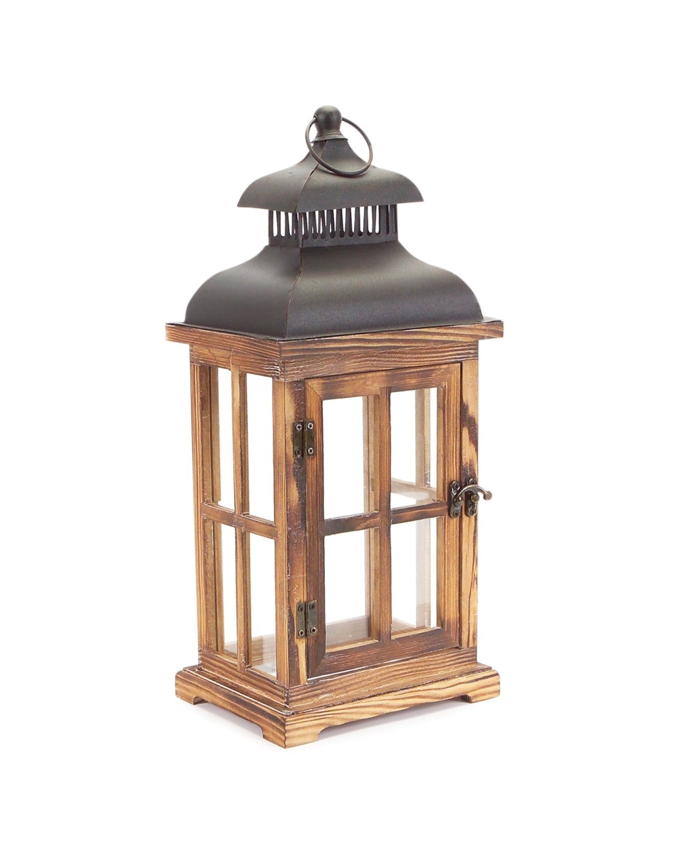 Set of Two Natural and Black Glass Wood and Metal Floor Lantern Candle Holders