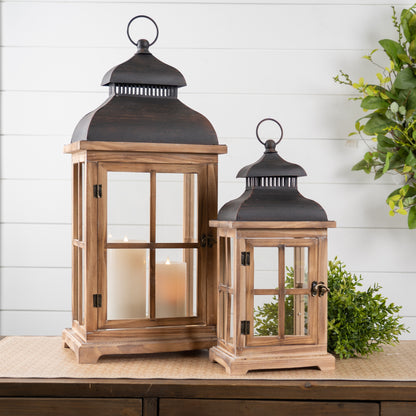 Set of Two Natural and Black Glass Wood and Metal Floor Lantern Candle Holders