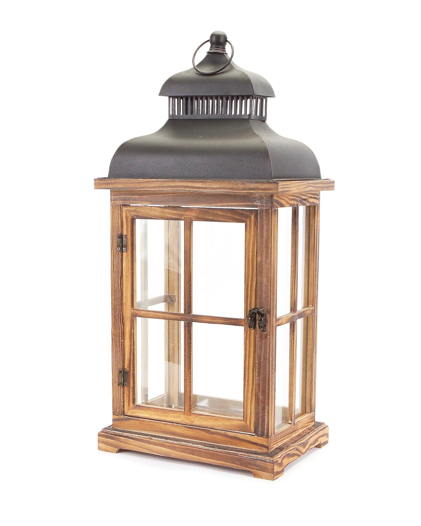 Set of Two Natural and Black Glass Wood and Metal Floor Lantern Candle Holders