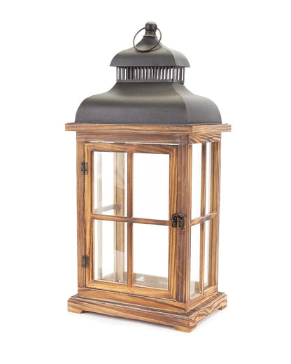 Set of Two Natural and Black Glass Wood and Metal Floor Lantern Candle Holders