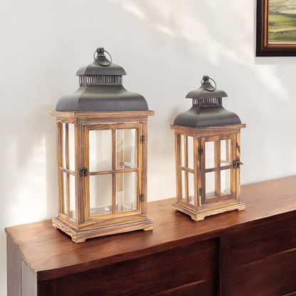 Set of Two Natural and Black Glass Wood and Metal Floor Lantern Candle Holders