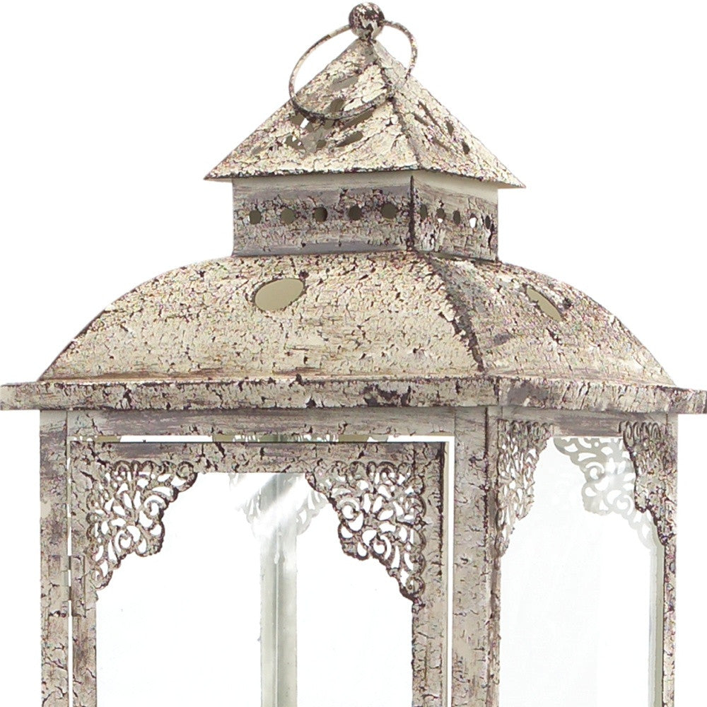 Set of Two Beige Glass and Metal Distressed Floor Lantern Candle Holders