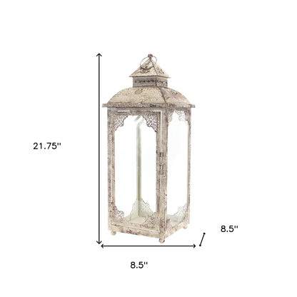 Set of Two Beige Glass and Metal Distressed Floor Lantern Candle Holders