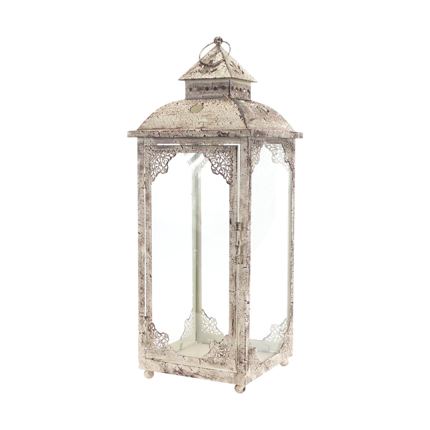 Set of Two Beige Glass and Metal Distressed Floor Lantern Candle Holders