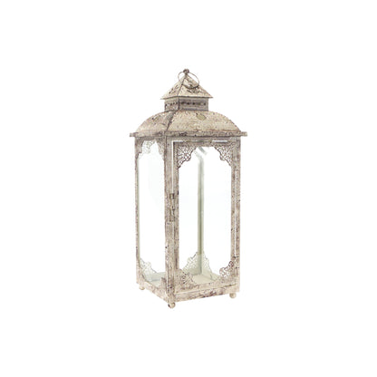 Set of Two Beige Glass and Metal Distressed Floor Lantern Candle Holders