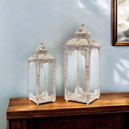 Set of Two Beige Glass and Metal Distressed Floor Lantern Candle Holders