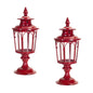 Set of Two Red Glass and Metal Distressed Tabletop Lantern Candle Holders