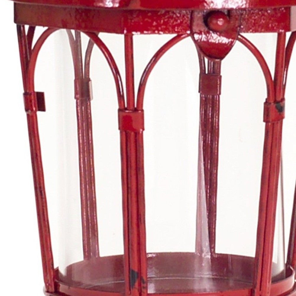 Set of Two Red Glass and Metal Distressed Tabletop Lantern Candle Holders