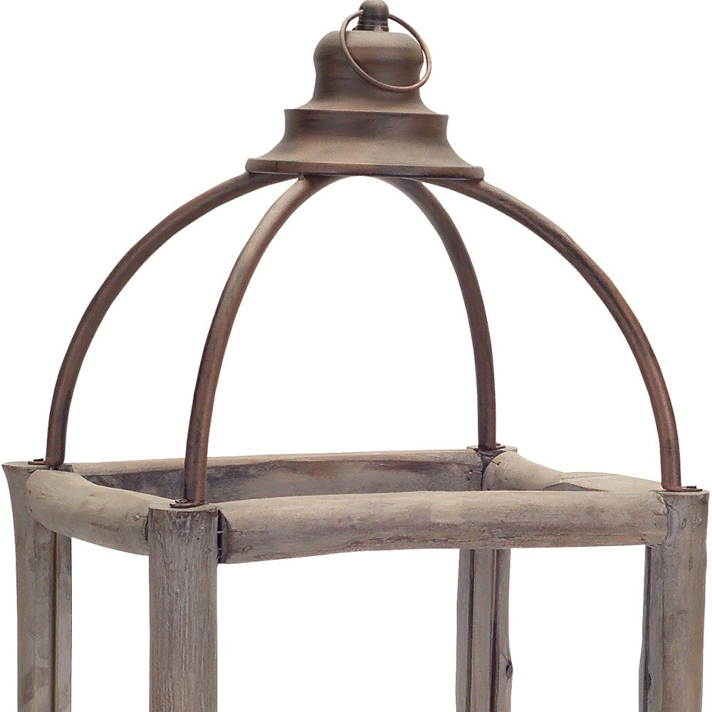 Set of Two Natural and Gray Glass Wood and Metal Geometric Floor Lantern Candle Holders